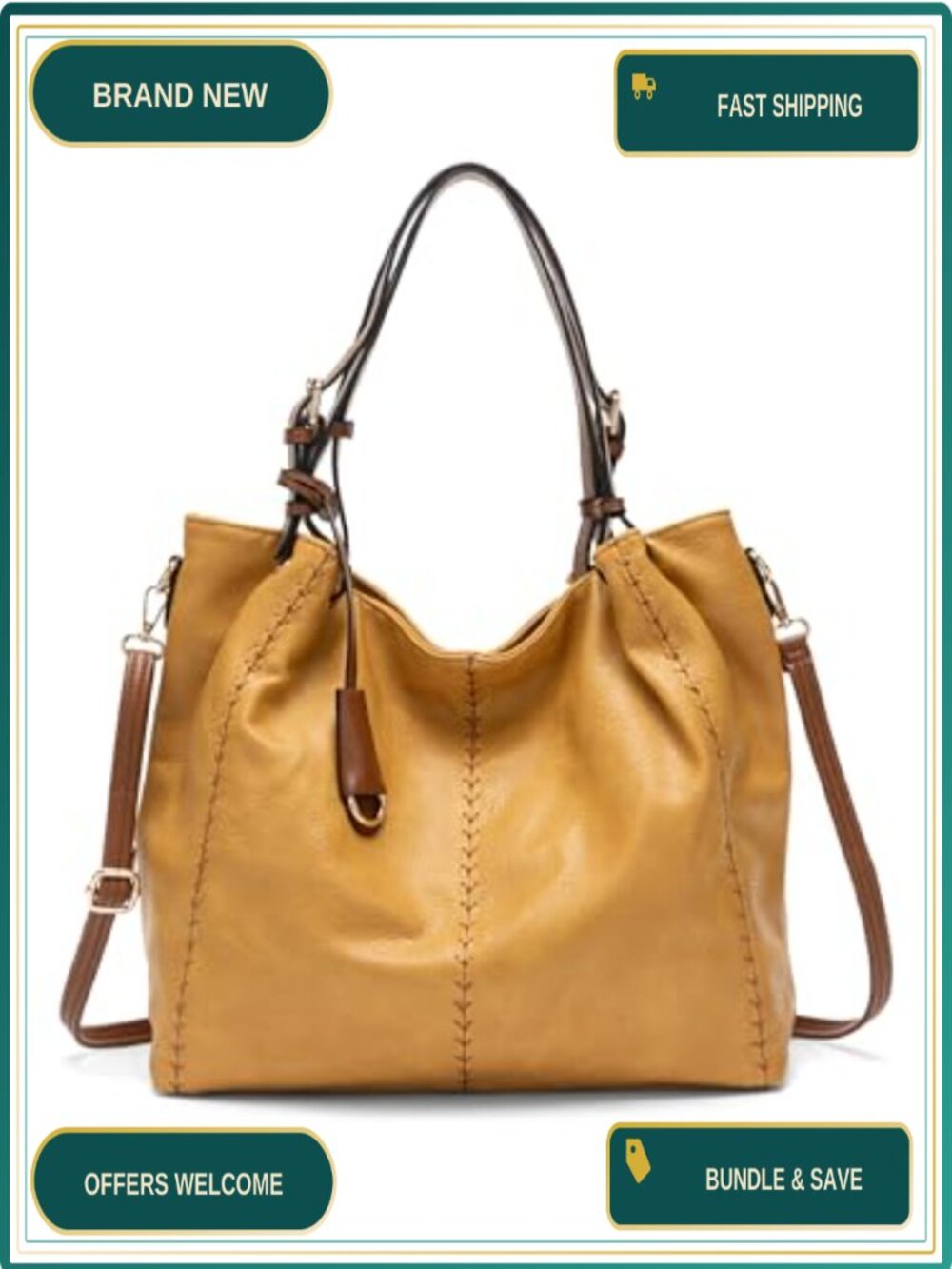 PU Leather Hobo Shoulder Bag Bucket Tote Rivet Detail Crossbody Purse